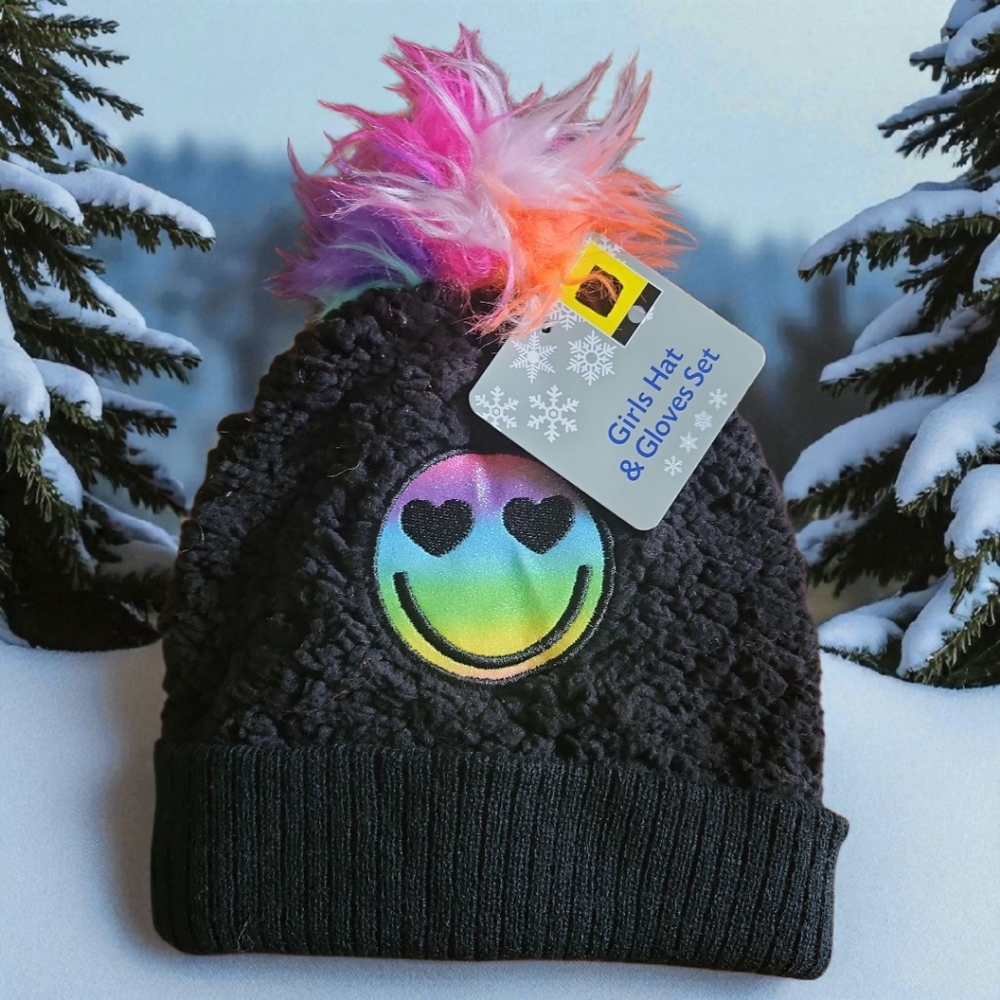 NWT Girl's Black Fleece Heart Emoji Hat Beanie & Gloves Cloud Pom Pom Knit Lined